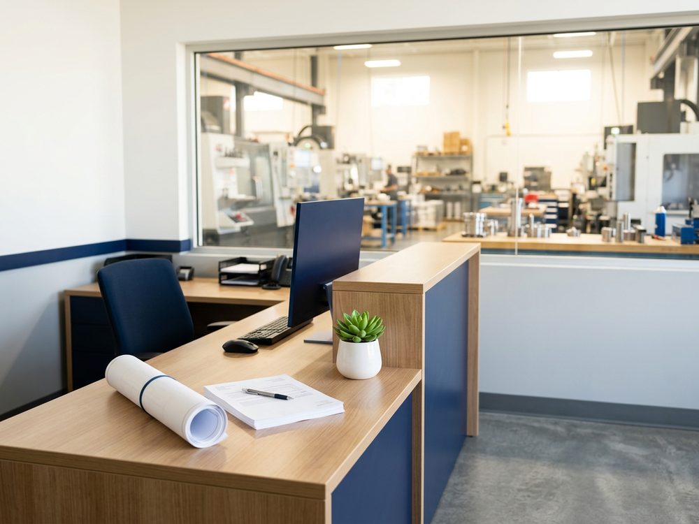 A machine shop front office with a rolled technical drawing and quote paperwork, the shop floor behind glass