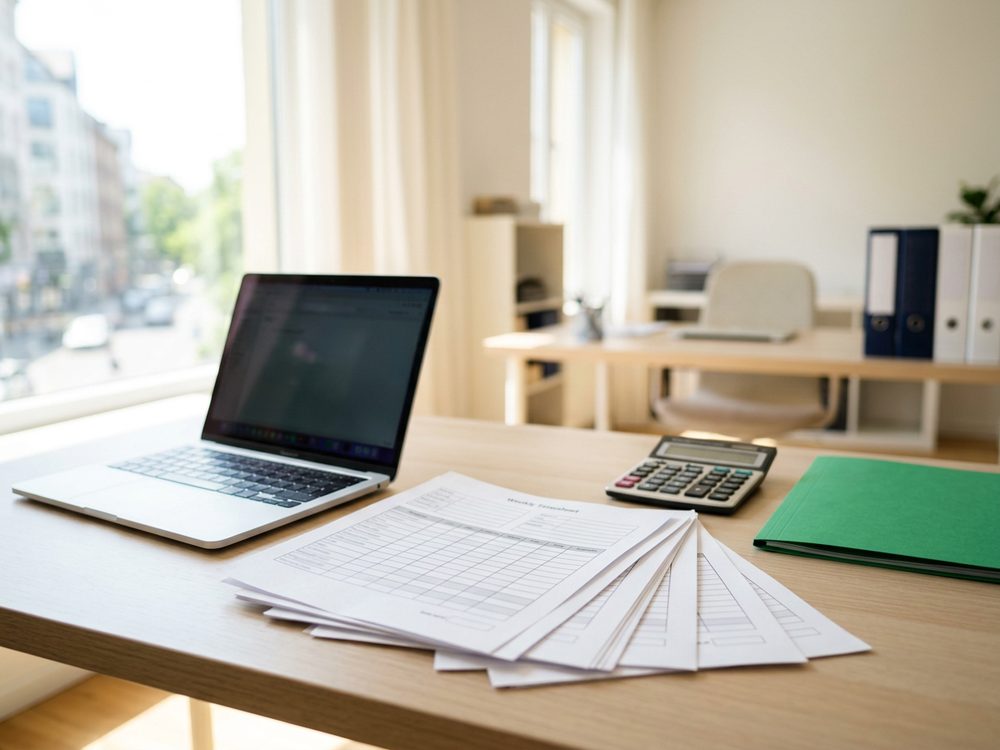 Blank weekly timesheet forms fanned on a bright desk beside a laptop, calculator, and green folder